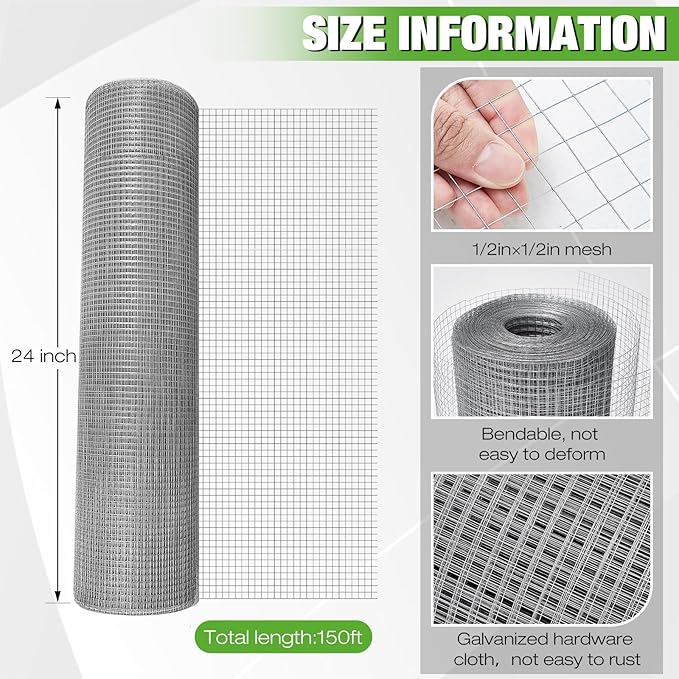 Tatuo Hardware Cloth 1/2 Inch 24in x 150ft Hot Dip Galvanized After Welded Cage Mesh Rolls 21 Gauge Metal Chicken Wire Roll Wire Fencing Poultry Netting for Raised Garden Rodent Animals