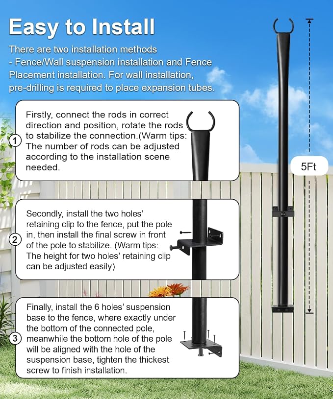 6 Pack String Light Poles for Deck, 5Ft Heavy-Duty Metal Deck Light Poles for Outside with Fixing Clips, Lighting Hanging Post Accessories for Patio Decor Garden Backyard Yard Fence Porch Decorations