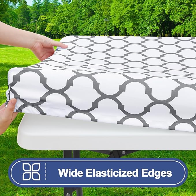Smiry Picnic Table Cover with Bench Covers, Waterproof Elastic Fitted Tablecloth for 8 Foot Tables, Washable Polyester Tablecloths for Camping, Indoor & Outdoor (White, 30x96 Inch 3-pc Set)