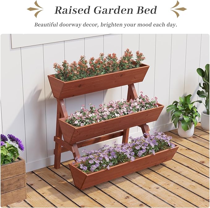 Kitsanery 3-Tiers Wooden Raised Garden Bed,Wood Planter Box for Vegetable,Flower Rack,Flower Pot Stands,Indoor Outdoor Gardening Planting Beds (Brick red, Large)