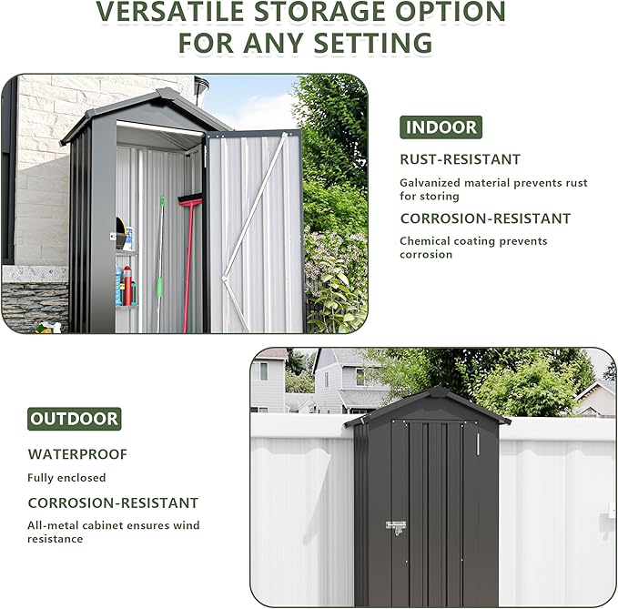 KEIKI Outdoor Storage Shed, 69.7''x16.9''x29.5'' Metal Tool Shed with Sloping Roof & Lockable Door, Small Shed, Top Tall Vertical Tool Cabinet for Backyard Garden Patio Lawn, Black