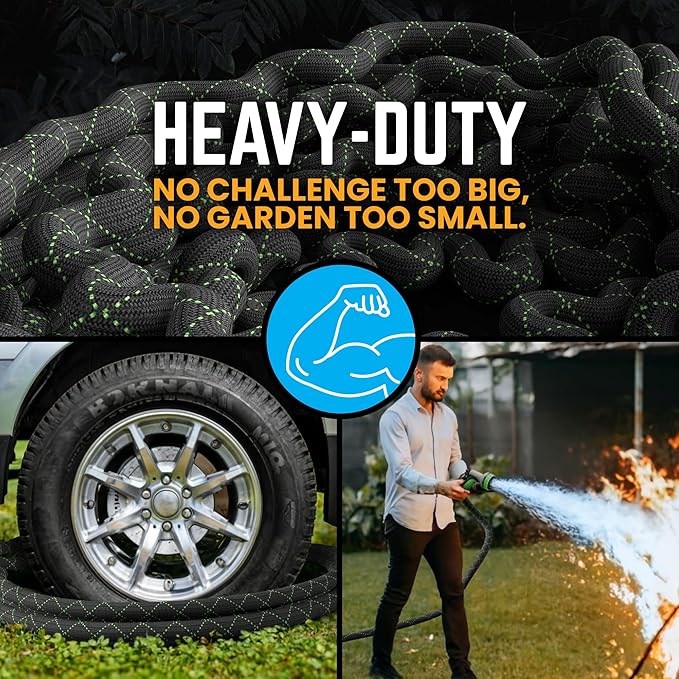 PowerFlow Garden Hose, NON-EXPANDABLE 100ft Premium Quality Stainless Steel Metal Water Hose with Durable Fabric Skin, Hose For Commercial, Residential Use, Bonus 10-way Spray Nozzle (100 Ft, Black)