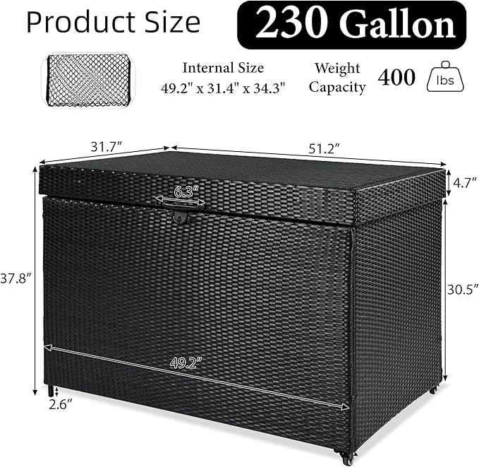 230 Gallon Wicker Deck Box - Waterproof Outside Storage Box with Wheels - Outdoor Bench for Indoor & Outdoor Use, Storage Bin for Patio Furniture, Pool Storage and Garden Tools - Black