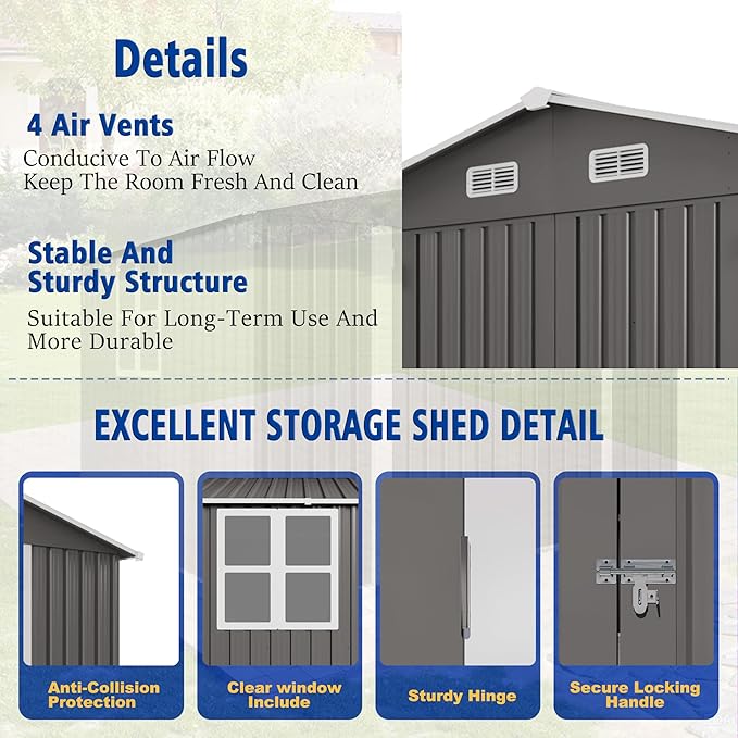 KEIKI 10x8 FT Outdoor Metal Storage Shed with Vent,Window and 2 Swing Door,Sloped Roof for Patio Backyard Bicycles