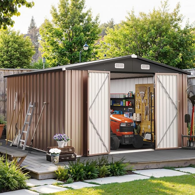 10x12FT Outdoor Storage Shed, Metal Garden Tool Shed with Sloping Roof & Lockable Door for Patio Lawn Backyard (Brown, 10x12FT)