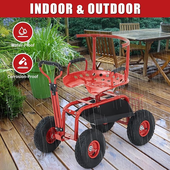 Garden Cart Rolling Workseat with Wheels, 360° Swivel Gardening Stool, Extendable Steering Handle & Utility Tool Tray, 10-Inch Inflatable Tires, Reinforced Steel Construction for Patio, Yard, Outdoor