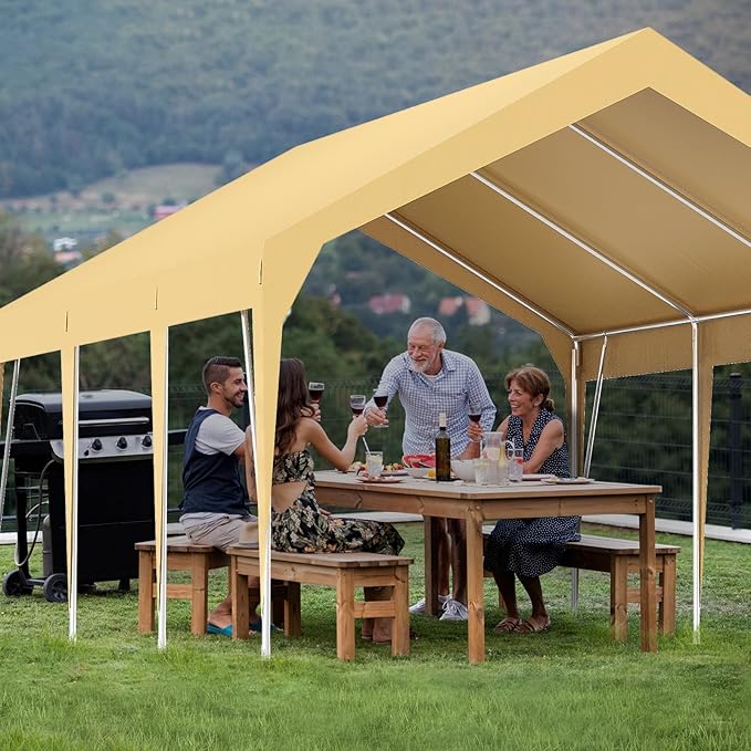 13x20FT Heavy Duty Carport Canopy with Sturdy Frame, Portable Waterproof and UV-Resistant Garage Shelter, Adjustable Height for Car, Boat, Outdoor Storage and Parties Yellow
