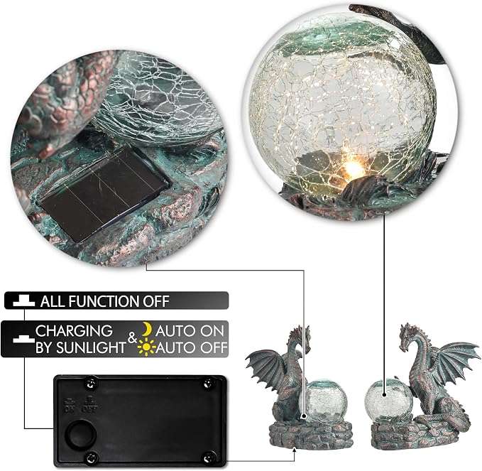 TERESA'S COLLECTIONS Dragon Outdoor Statues with Solar Crackle Globe Light, Resin Bronze Gothic Garden Decor,Touching Magic Ball Resin Lawn Ornaments for Patio Yard Decorations Gifts for Mom Dad, 6"