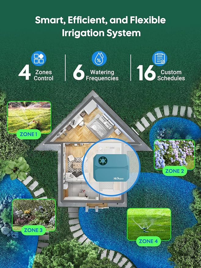 Smart Sprinklers Controller WiFi, Irrigation Controller Easy Use App Enabled, 4 Zone + 16 Plans, Save Water Auto Skip Rain, Freeze & Wind, 10 Minutes Install