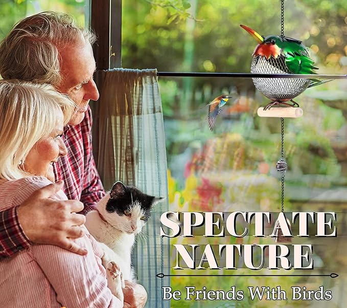 Solar Wild Bird Feeder Squirrel Proof for Outside - Unique Cute Metal Animal Shaped Bird Feeder with Solar Light, Wind Chime, Gift for Bird Lovers(Hummingbird)