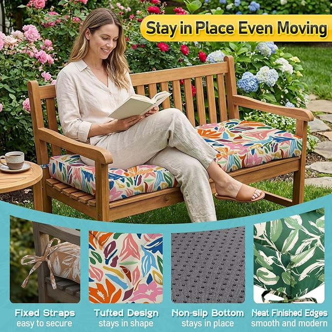 Outdoor Bench Cushion, Tufted Patio Seat Pad for Garden Bench, Porch Swing, Indoor/Outoor Furniture (Multi Color Print, 48X18X4 inch)