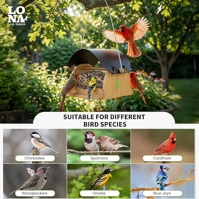 LONA Wooden Bird Feeder for Outdoors Hanging, Large Capacity Hopper with Weatherproof Roof Birdfeeder for Feeding Outside Garden Wild Birds Cardinals Finches Robin Sparrow Blue Jay Chickadees