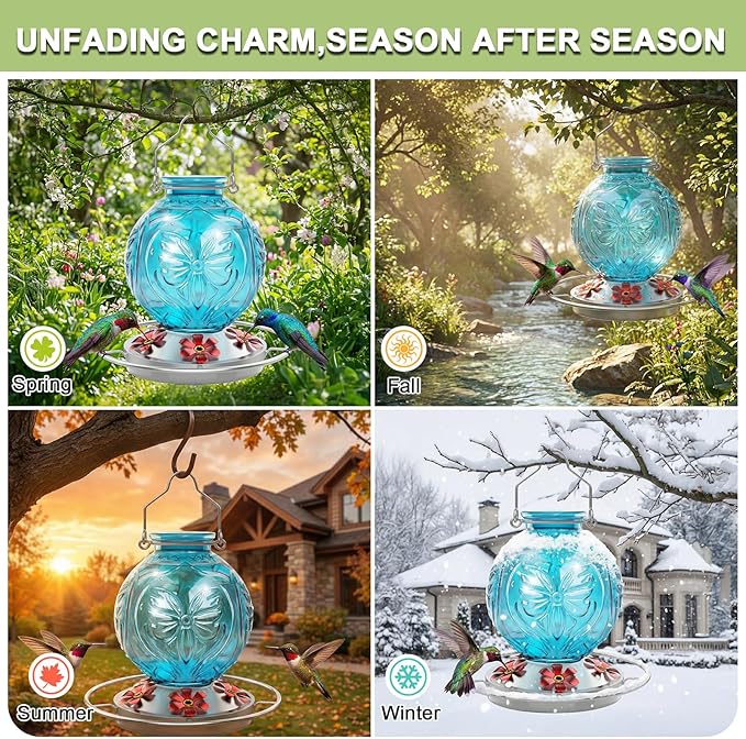 Glass Hummingbird Feeder for Outdoors Hanging, 25Oz Humming Bird Nectar Feeders with Perch & 5 Flower Feeding Ports, Leak Proof for Outside Garden Decor, Gifts for Women (Blue)