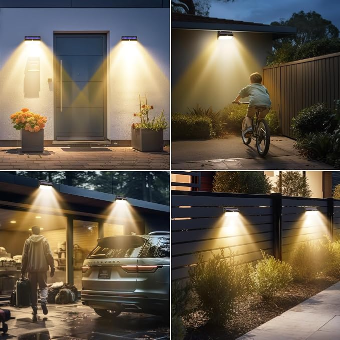 Peasur 4 Pack 368 LED Solar Motion Sensor Lights Outdoor, Solar Fence Lights with 3 Lighting Modes, Solar Powered Security Lights Waterproof for Outside Yard Wall Garden Backyard Step, Warm White