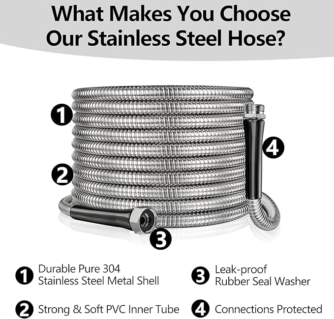 50ft Garden Hsoe - 2026 New 304 Stainless Steel Garden Hose with 3/4'' Fittings – Lightweight, Durable, and Kink-Free, Metal Water Hoses for Gardening