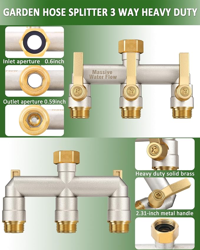 Garden Hose Splitter, 3 Way Hose Splitter Heavy Duty Full Flow Solid Brass Nickel Plated Spigot Splitter Valve with Metal Handle, Outdoor Faucet Splitter, 3/4 - Inch Frost Resistant Hose Adapter