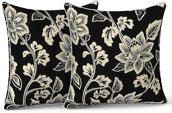 LVTXIII Outdoor Throw Pillows 20x20 Patio Waterproof Square Pillows with Piping Fade Resistant Accent Pillow for Spring Summer Garden Decoration, Set of 2, Elegant Vines Black
