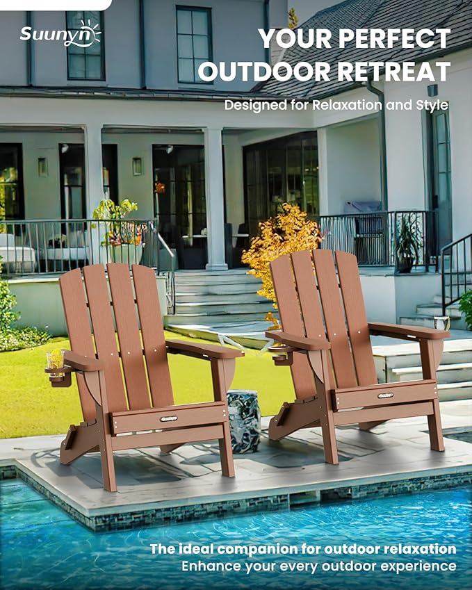 Folding Adirondack Chair 4 Pack, HDPE All-Weather Fire Pit Chairs, Plastic Adirondack Chairs with 2 Cup Holder, Outdoor Lawn Chair for Patio Garden (Teak)