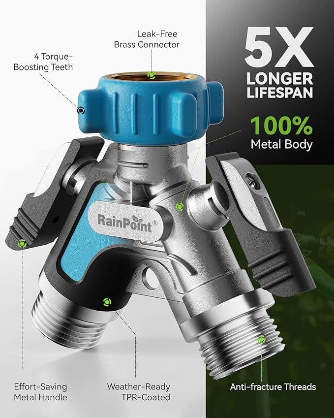 RAINPOINT Garden Hose Splitter 2 Way, All Metal Heavy Duty Water Hose Y Splitter With 2.05" Extra Long Side Handle & Shut Off Valves, 3/4 Inch GHT Thread Connector For Outdoor Spigot Faucet (Blue)