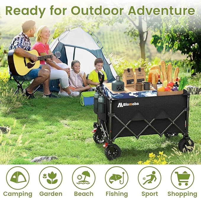 Blomoba Collapsible Wagon Cart, 150L Heavy Duty Foldable Beach Wagon with Wider Wheels & Auto-Rebound Handle, Utility Grocery Shopping Cart for Garden, Shopping, Camping, Sports, Black