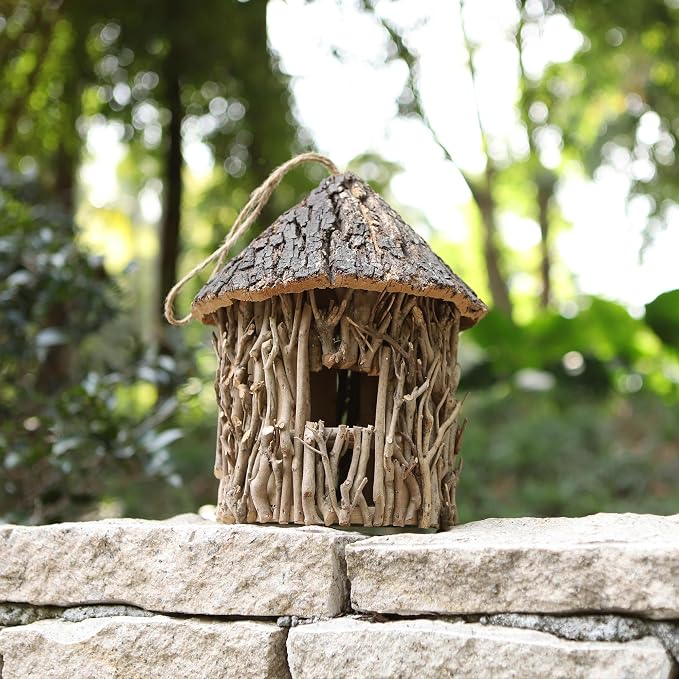Twig-Covered Cylinder Birdhouse Squirrel House, 2.4" Entry for Medium Birds, Natural Branch Exterior & Waterproof Interior, Woodland Garden Backyard Decor