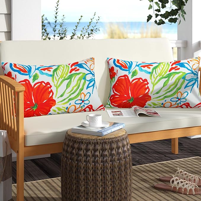 Merrycolor Set of 2 Outdoor Throw Pillow Covers Colorful Decorative Waterproof Outdoor Lumbar Pillows for Patio Furniture Tent Balcony Couch Sofa 12x20 Inch