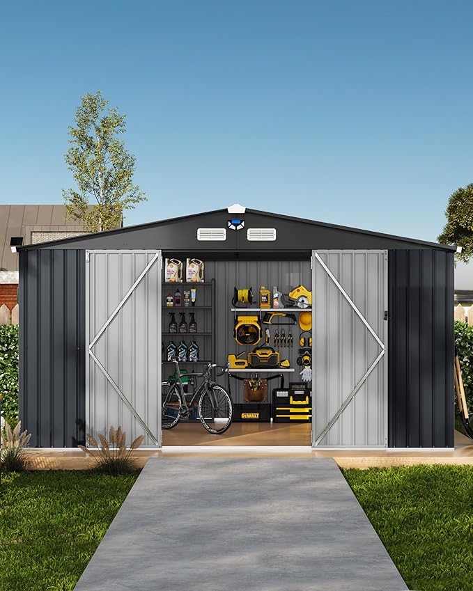 Garvee 10x12 ft Heavy-Duty Metal Storage Shed with Lockable Door & Windows - Galvanized Steel Outdoor Utility Shed with Sloped Roof for Backyard, Garden, Garage, and Patio, Dark Gray
