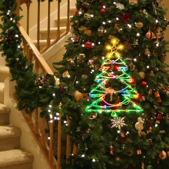 Christmas Window Silhouette Lights, Lighted Christmas Tree Double Sided Decorations with 50 Count Incandescent Mini Light for Holiday Indoor Wall Door Glass Decor