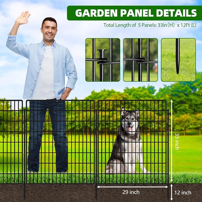 5 Panels Garden Fencing Animal Barrier with Lock, 33 in(H) X 12 ft(L) Dog Fence Outdoor for Yard Rustproof No Dig Decorative Tall Garden Fence Metal Wire Panel Border Rabbit Ground Stakes Fencing