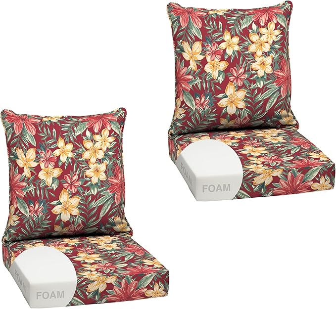 Arden Outdoor Foam Deep Seat Cushion Set (2-Pack), 24x24, Premium High-Density Foam, Never Flattens, Weather-Proof for Patio Chair Sofa Couch, Ruby Clarissa