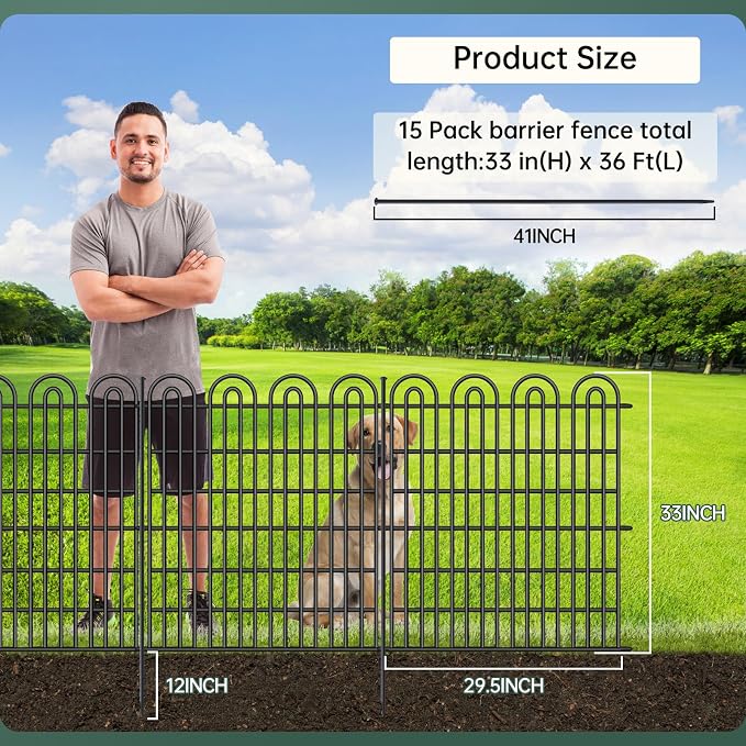 15 Panels Tall Garden Animal Barrier Fence, 33 in(H) X 36.8 ft(L) No Dig Decorative Garden Fence Outdoor for Yard, Heavy Duty Rustproof Metal Edging Border for Dog, Rabbits