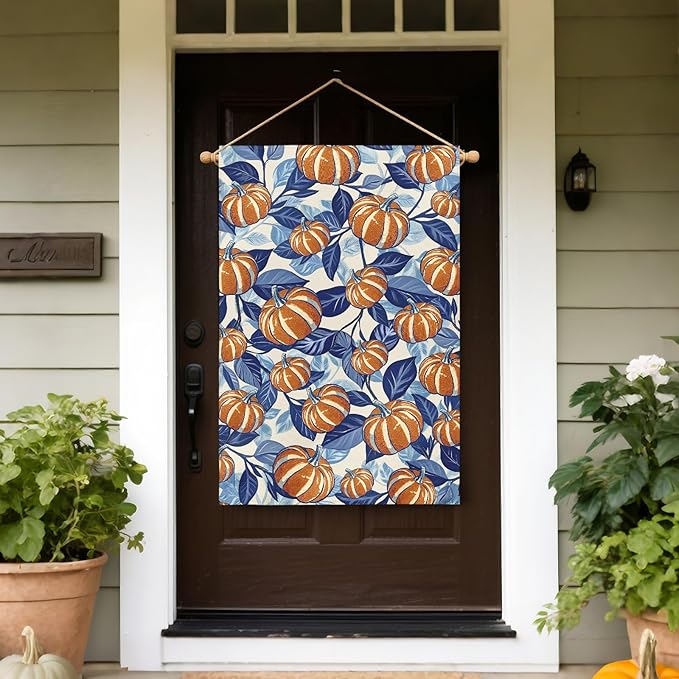 Blue Burnt Orange Fall House Flag 28x40 Inch Autumn Pumpkin Leaf Harvest Theme Thanksgiving Decorative Garden Flags for Outside Double Sided Outdoor Home Farmhouse Decoration Yard Porch Decor