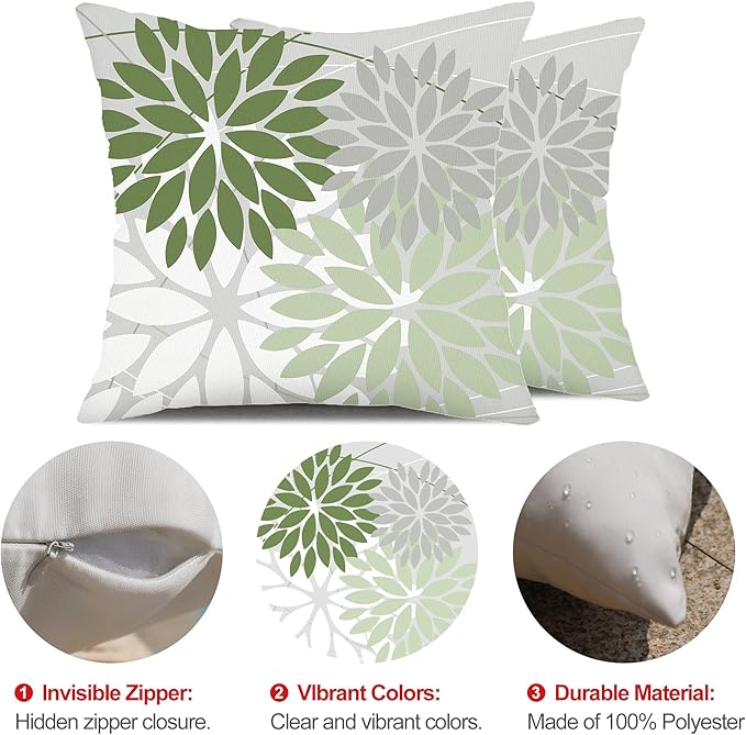 DFXSZ Outdoor Throw Pillow Covers 18x18 Inch Set of 2 Waterproof Spring Summer Geometric Elegant White Green Outdoor Pillow Covers for Patio Funiture Garden Couch 158D18