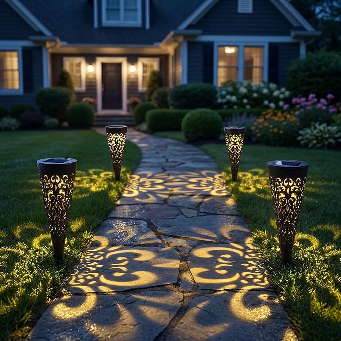 Hoikwo 4 Pack Hollow Out Solar Lights Outdoor Waterproof, Solar Pathway Lights Decorative Solar Garden Lights Landscape Lighting for Yard, Walkway
