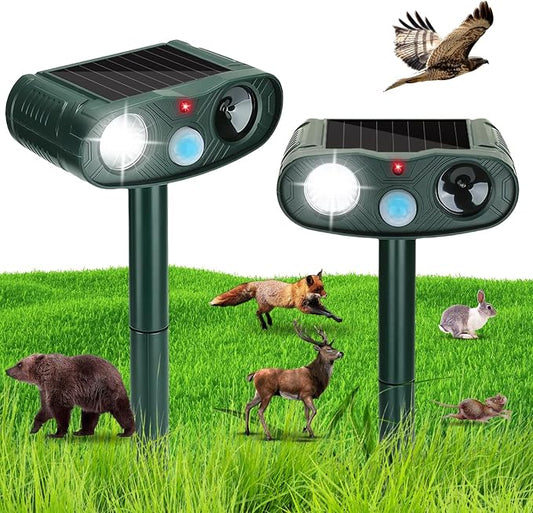 2-Pack Solar Ultrasonic Animal Repellent Outdoor: 2026 Upgraded Raccoon Rabbit Repellent Devices & Cat Repeller for Yard, Sonic Fortress Pro Deer Repellent Devicess with LED Flash Lights