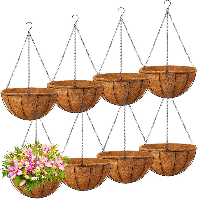 Rtteri 8 Pcs 12 Inch Hanging Baskets for Plants Outdoor with Metal Wire Frame and Coconut Coir Liners, Round Wire Hanging Baskets with Chain for Patio Garden Porch Decoration