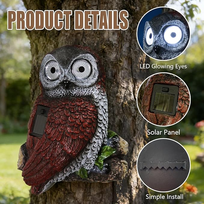 Sheaifun Owl Garden Statue Owl Solar Lights Outdoor Garden Resin Yard Outdoor Hanging Decor for Outside Gardening Housewarming Gifts for Women 5.5x2.5x7.5 Inch