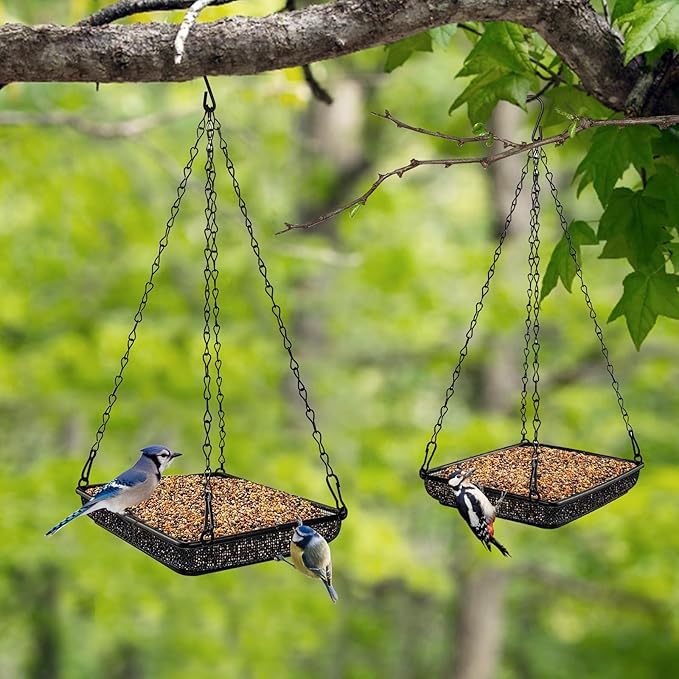 MIXXIDEA Hanging Bird Feeder Tray Metal Mesh Platform Seed Feeder with Durable Chains for Outdoors Garden Great for Attracting Birds (1 Pack)