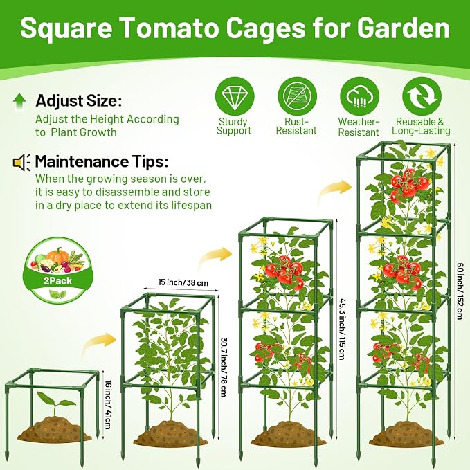 Legigo 2 Pack Square Tomato Cages- 60 Inch Heavy Duty Tomato Trellis for Climbing Plants Outdoor, Tomato Plant Support Stakes Cage Garden Trellis for Garden Raised Garden Bed Cucumbers Vegetables