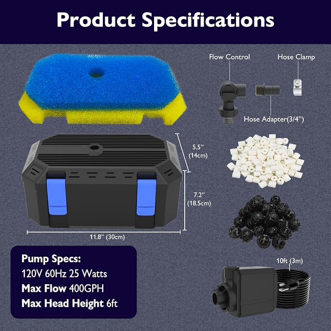 400GPH Pond Filter Pump with 4-Stage Filtration, Fish Pond Filter for Outdoor Ponds 200-350 Gal, Pond Pump Filter Box for Garden, Waterfall, Fountain, Water Feature