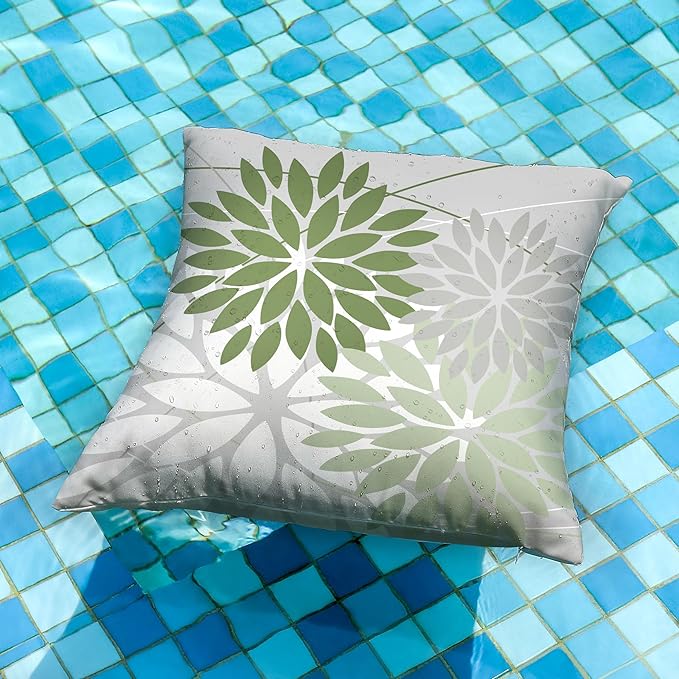 DFXSZ Outdoor Throw Pillow Covers 16x16 Inch Set of 2 Waterproof Spring Summer Geometric Elegant White Green Outdoor Pillow Covers for Patio Funiture Garden Couch 158D16