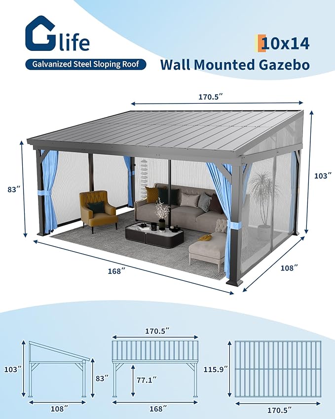 10'x14' Wall-Mounted Lean-to Gazebo with Galvanized Steel Roof, Gutters & Sliding Netting/Curtains – Hardtop Metal Pergola Canopy for Patio, Backyard, Garden, or Carport – Weather-Resistant & Durable