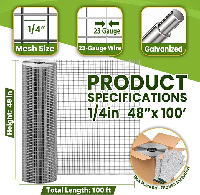 1/4 inch 48inch x 100ft Hardware Cloth Chicken Wire Fencing 23G, Hot Dipped Galvanized After Welding, Wire Mesh Roll, Garden Fence, Poultry and Rabbit Barrier, Outdoor Metal Fencing