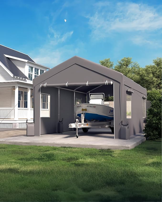 Hipicute 12x20x11 Ft Heavy-Duty Portable Garage with Canopy Top, Front and Back Doors, Roll-Up Windows, Carport Reinforced Structure for Cars, Trucks, Boats, and Parties - Gray.