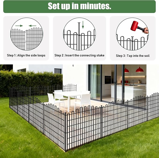 10 Panels No Dig Decorative Garden Fence, 33in H x 23.6ft L Animal Barrier Fencing, Rustproof Dog Fence Outdoor for Yard, Metal Wire Panel Border, Classic Arched-Top Panels for Patio, Flower Bed