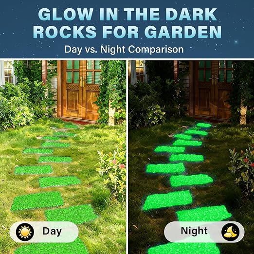 PoYang 1000pcs Glow in The Dark Rocks Outdoor - Green Resin Glowing Pebbles for Landscaping, Garden, Fish Tank and Aquarium Indoor Decor, Powered by Sunlight or Lamplight (0.4"-0.7"/pc, 1.2lbs/Bag)