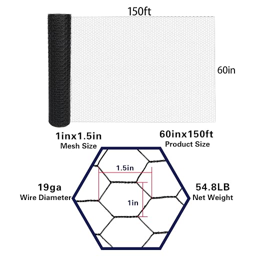 Black 19GA Chicken Wire 60inx150ft, Chicken Wire Fencing, Chicken Fence, PVC Coated Chicken Wire, PVC Coated Wire Mesh for Animal/Rabbit/Floral/Chicken Coop/DIY Projects.