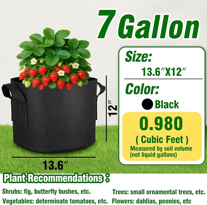 12-Pack 7 Gallon Grow Bags, Heavy Duty Fabric Pots with Handles, Reusable Plant Bags for Vegetable, Herbs & Flowers, BPA-Free, Breathable, Durable