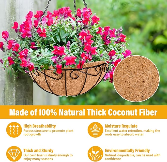 Legigo 6 Pack 12 Inch Metal Hanging Baskets for Plants Outdoor- Round Wire Hanging Planters Basket with Coconut Coir Liner, Hanging Flower Pot for Outdoor Plants Flowers Garden Decorations