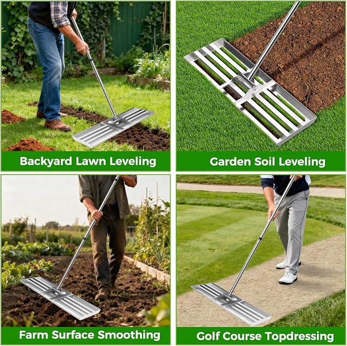 30" x 10" Lawn Leveling Rake, Heavy Duty 304 Stainless Steel Lawn Leveler | Curved edge for smooth leveling, reinforced triangle support, professional-grade build